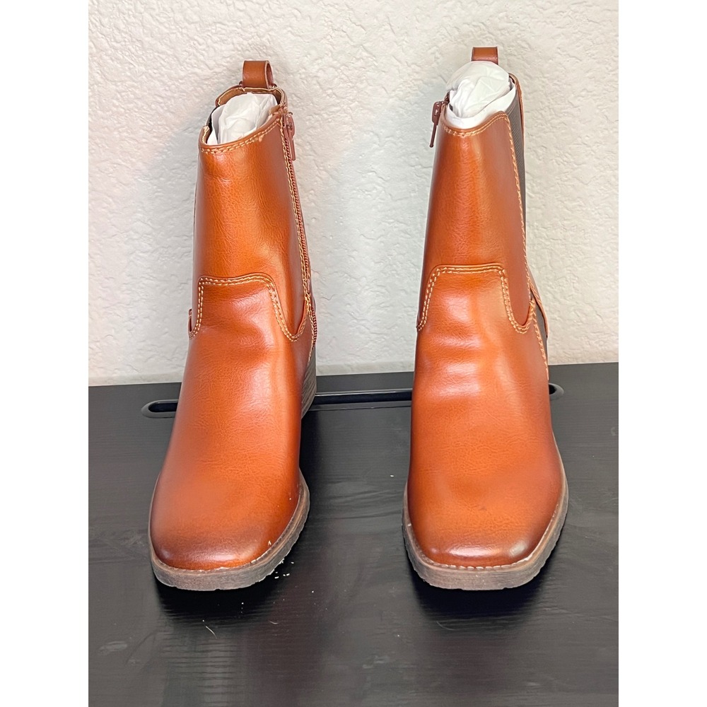 Zodiac ankle Boots Block Heel Side Zip Cognac‎ Brown Leather New size 8.5